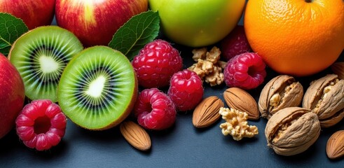 Vibrant assortment of fresh fruits and nuts on a dark surface