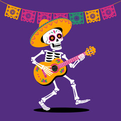 Happy Dia de Muertos, dancing skeleton with guitar, colorful papel banners, sombrero, playful movement, festival party illustration