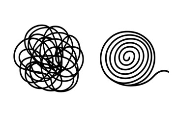 Chaos and order concept. Tangled and untangled thread. From complex to simple. Psychology, therapy and problem solving metaphor. Mental health and stress relief symbol.