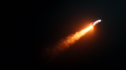 A rocket is ascending rapidly into the dark night sky, leaving a trail of bright orange flames and smoke. This spectacular launch showcases the power and excitement of space exploration