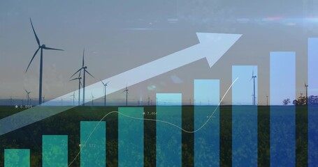 Bar chart fading in over wind farm, bars rising, line tracing growth, arrow sweeping upward - Powered by Adobe