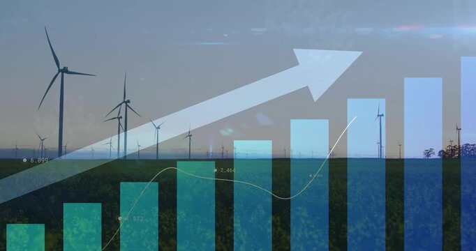 Bar chart fading in over wind farm, bars rising, line tracing growth, arrow sweeping upward