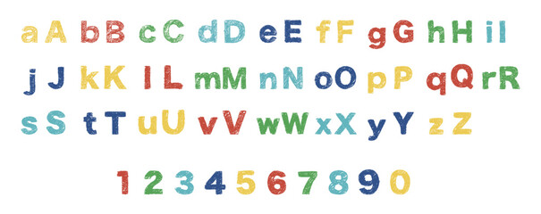 Crayon doodle hand drawn kids alphabet font. Crayon numbers. Vector EPS 10