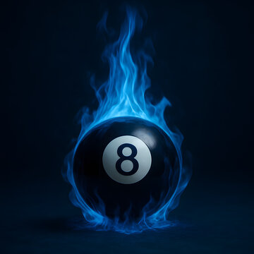 Billiard 8 ball with blue fire flame glowing energy concept sports gambling casino luck game symbol burning pool ball mystical fantasy illustration powerful magic element abstract darkness glowing hea