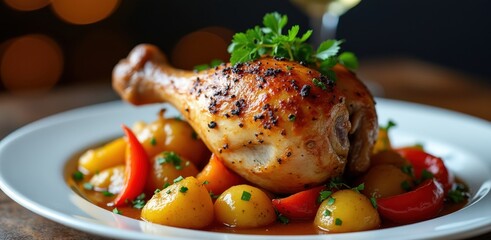 Delicious roasted chicken leg with vegetables and herbs
