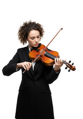 Young woman playing violin in formal attire on white background  