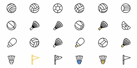 Sports equipment icons collection showcasing various balls, rackets, badminton shuttlecocks, and flags for diverse athletic activities