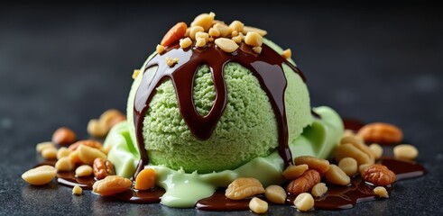 Delicious pistachio ice cream sundae with chocolate drizzle and nuts