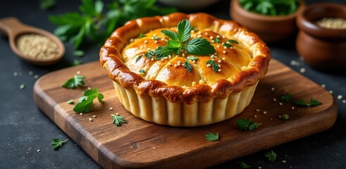 Golden baked savory pie topped with fresh herbs