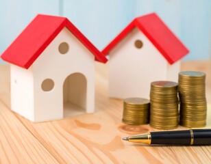 Two small houses and stacks of coins on a light wooden table