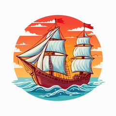Vintage Sailing Ship at Sunset Ocean Scene Illustration