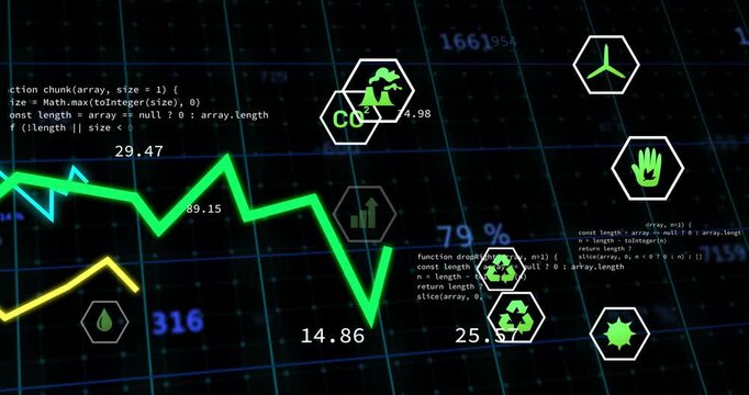 Code snippets initiating lines spiking and hex icons updating on dark grid for real-time data view