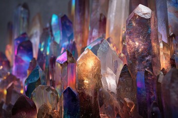 Close-up of many vibrant, multifaceted crystals