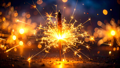 Fototapeta premium A bright close-up of a sparkling firecracker glowing with golden festive light.