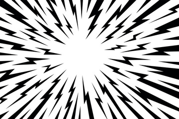 Manga thunder background builds anime comic line flashes in radial perspective. Manga thunder bg vector serves as lightning speed overlay, electric energy frame, or abstract sunburst for design.