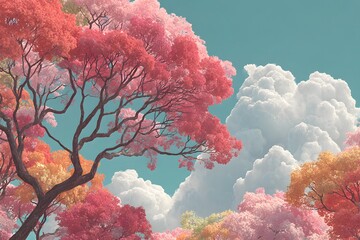 Vibrant pink tree under fluffy clouds
