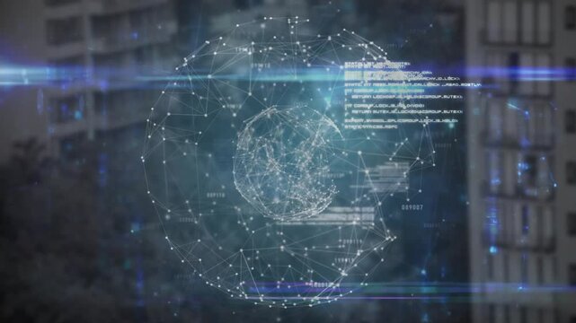 Opening lens flare revealing node grid forming rotating tech demo sphere with scrolling code panels
