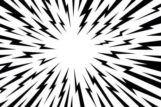 Manga thunder background builds anime comic line flashes in radial perspective. Manga thunder bg vector serves as lightning speed overlay, electric energy frame, or abstract sunburst for design.