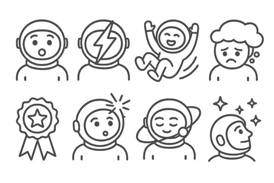 Space Tourist Emotions Icons. Line style icons of space tourist emotions: awe face icon, thrill lightning, floating joy icon,