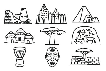African Heritage Icons. Line style icons of African heritage sites: Great Zimbabwe ruins, Timbuktu mosque, Nubian pyramid, tribal