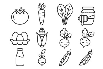 Farm-to-Table Line Icons. Line style icons of farm-to-table ingredients: fresh tomato, organic carrot, leafy greens, farm eggs,