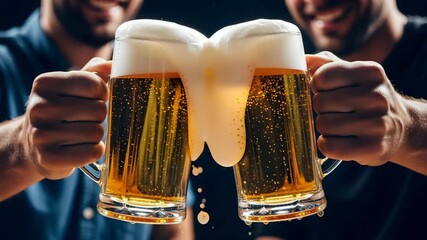 Two friends toasting with beer mugs. Celebration of festival Oktoberfest with drinks. Party, leisure, friendship concept