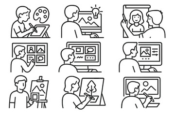 Digital Art Career Icons. Line style icons of digital painting career paths: freelance artist, concept artist, character