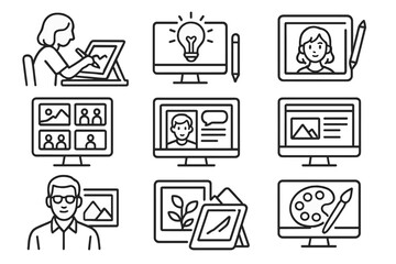 Digital Art Career Icons. Line style icons of digital painting career paths: freelance artist, concept artist, character