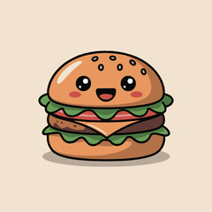 Vector art of cute cartoon burger with a happy face, featuring sesame seeds on the bun, lettuce, cheese, and a beef patty, perfect for childrens illustrations and foodrelated designs on a light beige 