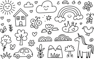 Whimsical hand drawn doodle elements featuring unicorn rainbow house and sun