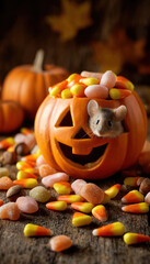 Playful Jack-o'-Lantern with Mouse and Candy in Autumn Setting