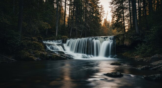 Forest waterfall cascading into a calm pool
