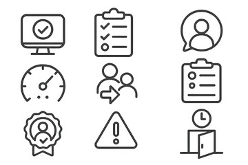 Attendance Line Icons. Line style icons of attendance and participation: login checkmark, attendance list, profile bubble,