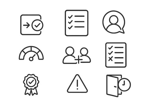 Attendance Line Icons. Line style icons of attendance and participation: login checkmark, attendance list, profile bubble,