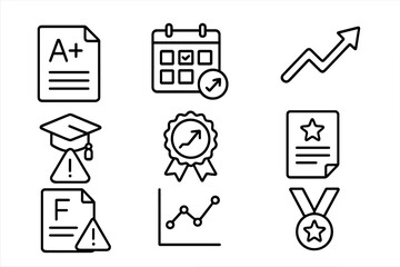 Academic Icons Collection. Line style icons of academic performance tracking: grades icon, attendance icon, progress arrow,