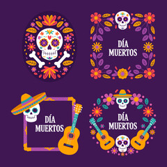 Dia de Muertos layout collection, skeleton frames, floral garlands, portrait badges, decorative poster templates, vibrant purple vector