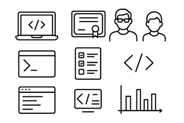 Coding Bootcamp Essentials Icons. Line style icons of coding bootcamp essentials: laptop with code, bootcamp certificate, coding
