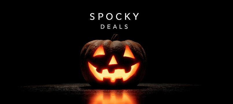 Minimalist Halloween Promotion Poster with Glowing Jack-o'-Lantern and Spooky Deals Text