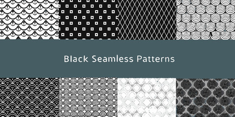 Collection of black and white seamless geometric and organic patterns for design © Mityunjoy