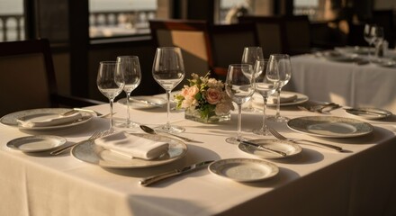 Fototapeta premium Formal dining table set, pristine white tablecloth, glassware, silverware, and a small floral arrangement in the center. Sunlight streams in