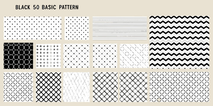 Collection of fifty black and white basic geometric patterns and textures for design