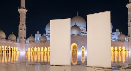 Night View of Elegant White Mosque with Large Blank Display Boards in Courtyard