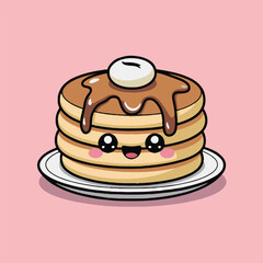 Vector art of a delightful stack of kawaii pancakes, complete with a pat of butter and a cascade of chocolate syrup, rests on a pristine white plate, creating a charming and appetizing image against a