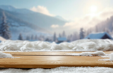 Snowy mountain landscape in the heart of winter, with tree-covered slopes and frosty pine forests under a bright winter sky. Empty wooden surface snow-covered space perfect for product placement.