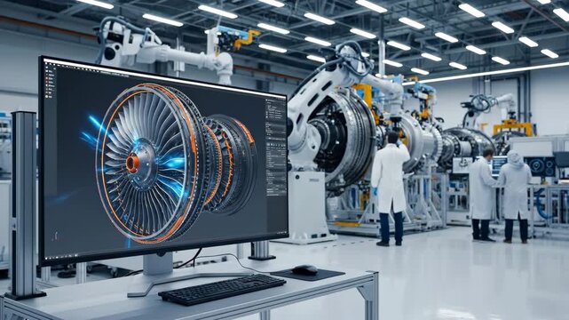 Jet Engine Design and Manufacturing - A computer screen displays a 3D model of a jet engine, while in the background, engineers work on a real jet engine in a modern manufacturing facility.
