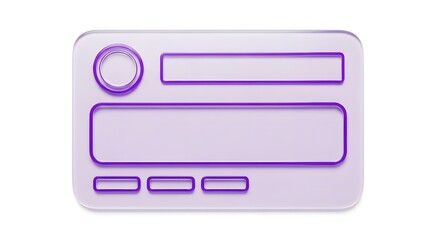 A modern, minimalist user interface element with purple outlines on a clean white background, featuring input fields, buttons, and a circular icon, isolated on white background