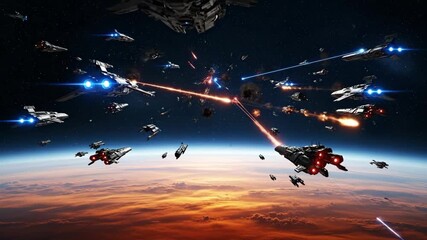 Epic Space Battle Above Planet - A dramatic scene depicting a large-scale space battle between numerous spaceships above a planet with a fiery orange and red atmosphere.