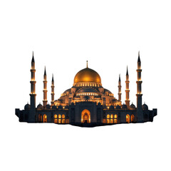 Fototapeta premium Majestic mosque illuminated at night showcasing grand architecture and spiritual ambiance isolated on transparent background