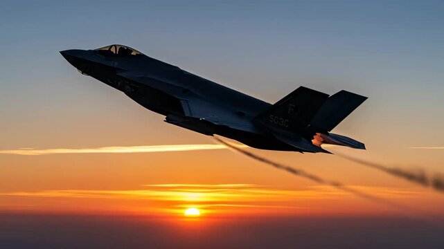 F-35 Stealth Fighter Jet at Sunset - A silhouetted F-35 Lightning II stealth fighter jet flies across a vibrant sunset sky, leaving a contrail in its wake.
