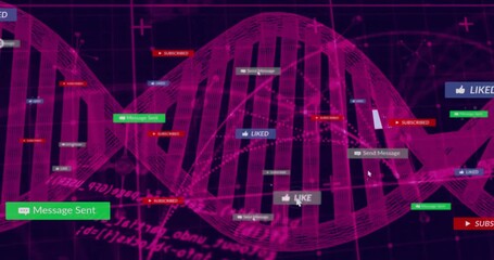 When code streams appear DNA helix rotating while media labels multiplying showing engagement